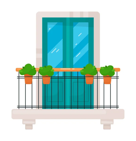 花のキャセプト プラスチック窓と孤立鍛造バルコニー — ストックベクタ