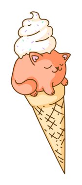 İzole edilmiş vanilyalı dondurma külahında uyuyan kedi yavrusu.