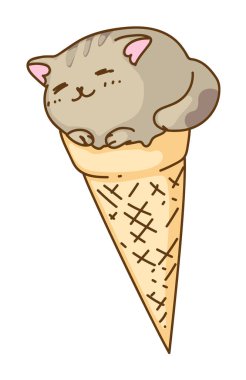 İzole edilmiş tatlı kawai kedi yavrusu dondurma külahında dinleniyor.