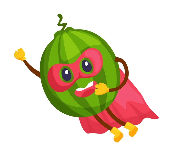 Flying Watermeloen Superheld Komische Mascotte Witte Achtergrond — Stockvector