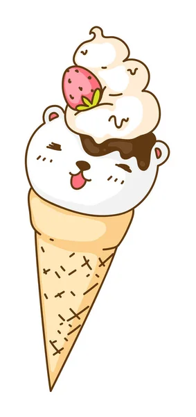 Cono Gofre Helado Kawai Con Linda Mascota Animal Bebé — Vector de stock