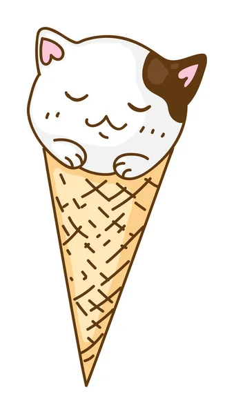 Tatlı Kawai Kedisi Waffle Külahında Izole Edilmiş Dondurma — Stok Vektör