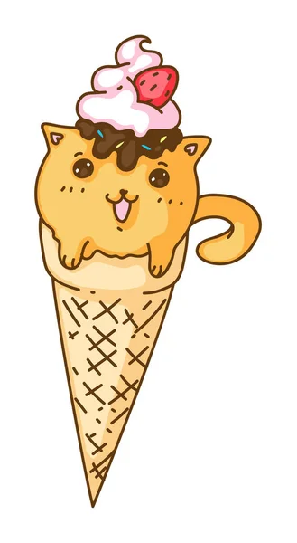 Çilekli Çikolatalı Kawai Dondurmalı Tatlı Kedili — Stok Vektör
