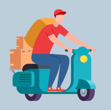 Teslimatçı, motosiklet yüklü bir paket kutusunu beyaza izole etmiş.