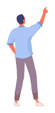 Sıradan bir adam sağ elini kaldırıp beyaz bir şeyi işaret ediyor.