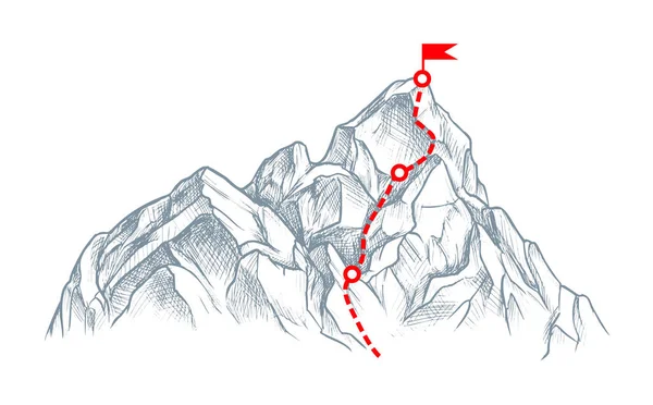 Mountain Sketch Met Rout Naar Boven Geïsoleerd Witte Achtergrond — Stockvector