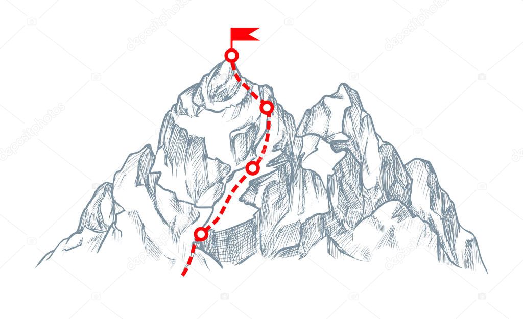 Climbing mountain with red rout and flag top sketch on white