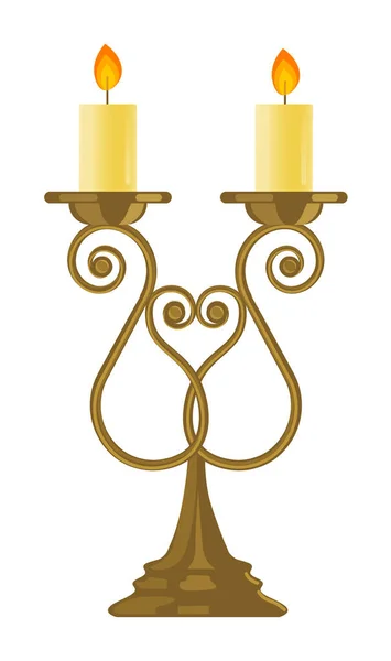 两根蜡蜡烛的老式烛台，白色隔离 — 图库矢量图片