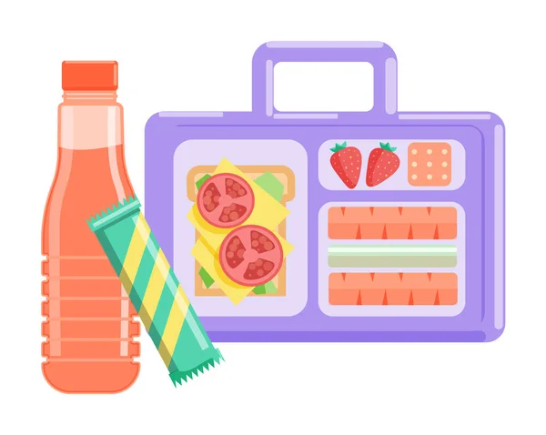 Lunch box with juice and snack isolated on white — Stock Vector