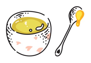 Kaşık içinde bal olan çay fincanı beyaz üzerine izole edilmiş.