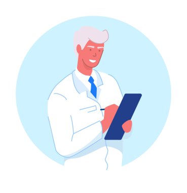 Kıdemli doktor reçeteli portre veriyor.