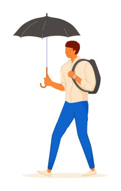 Açık şemsiye altında yürüyen öğrenci beyaz üzerinde izole