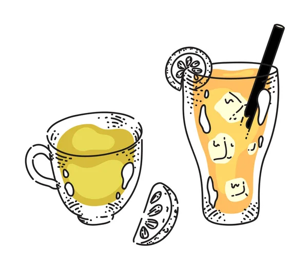 Ζεστό και παγωμένο τσάι ποτό απομονώνονται σε λευκό φόντο — Διανυσματικό Αρχείο