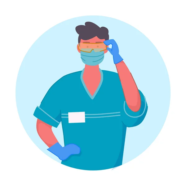 Arzt mit Mundschutz, Handschuh, Brille — Stockvektor