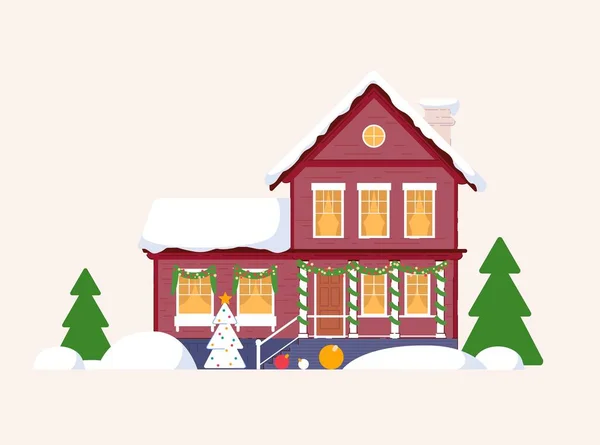 Snötäckt hus med julgran på gården — Stock vektor