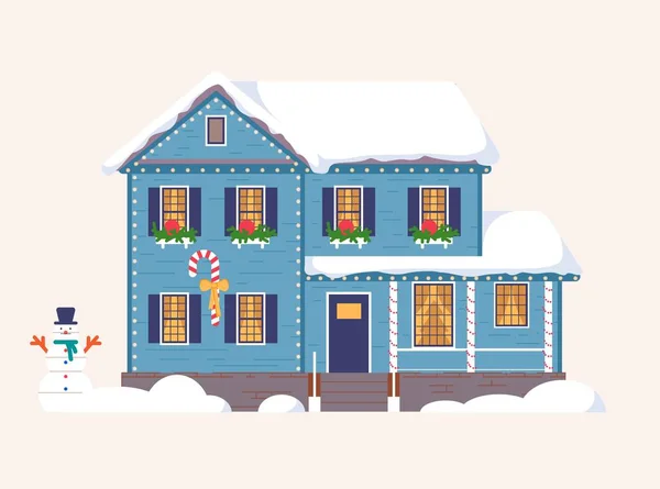 Dekorerat julhus med snögubbe på gården — Stock vektor