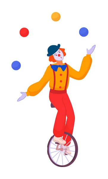 Клоун жонглирует, балансируя на моноцикле, изолированном на белом — стоковый вектор