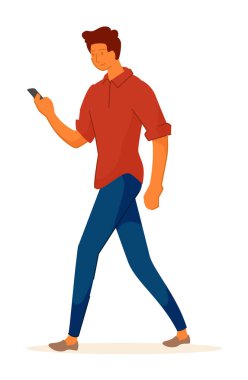 Cep telefonu müptelası genç adam, beyaz yolda tek başına yürüyor.