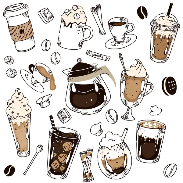 Farklı kahve, nazik el çizimi düzeni. — Stok Vektör