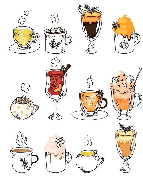 Varietà di bevanda calda disegnata a mano in fila isolata su bianco — Vettoriale Stock