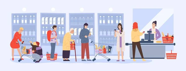 Ludzie kolejka kupujących w supermarkecie counter desk — Wektor stockowy