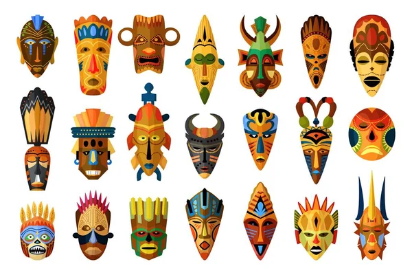 African mask set isolated on white background — Stock Vector