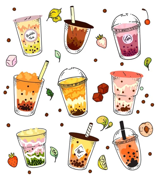 Bubble Tea Set vorhanden. Isolierter eiskalter Perlmilchtee — Stockvektor