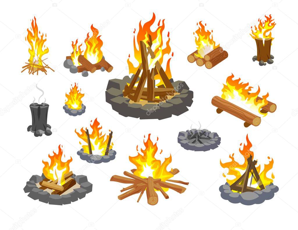 Campfire icon set. Isolated cartoon fire flame