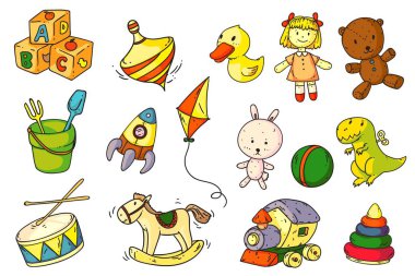 Çizgi film çocuk oyuncakları beyaz arka planda izole edilmiş.