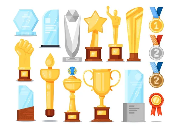 Award trophy set. Isolated gold cup, medal, star — стоковый вектор