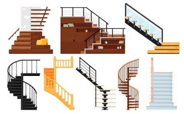 Interior wooden stairs, store escalator vector