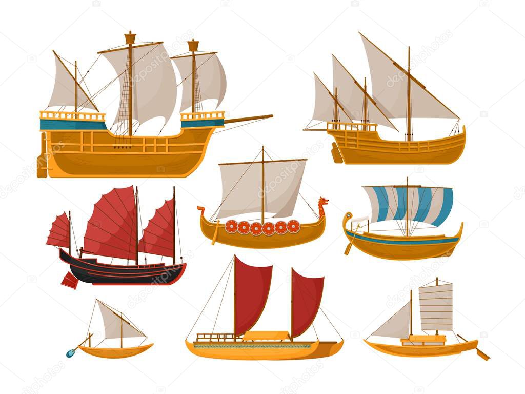 Sailboat set with sea vessel and ocean ship side
