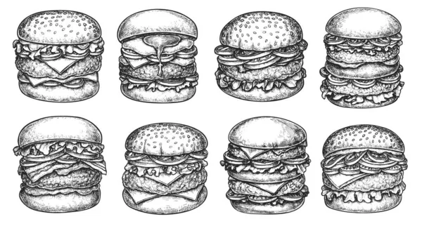 Burger menú dibujado a mano boceto aislado sobre fondo blanco — Archivo Imágenes Vectoriales