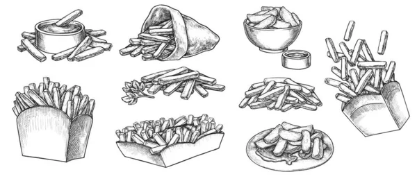 Patatine fritte disegnate a mano schizzo isolato su sfondo bianco — Vettoriale Stock