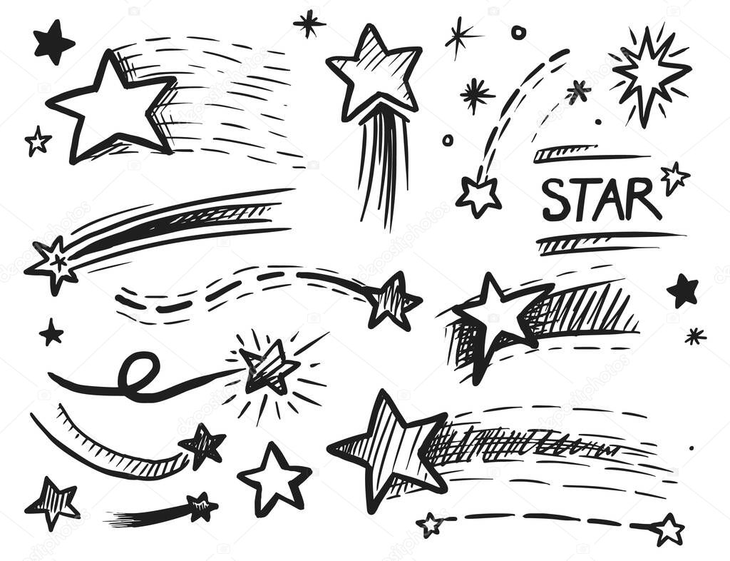 Stars doodle collection. Hand drawn star cluster doodle collection in black and white. Falling, flying, shining, sparkling comic starburst sketched element illustration. Isolated icon set