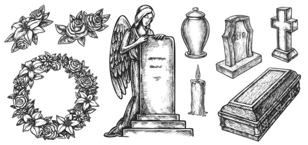 Funeral ritual service attribute sketch set on white