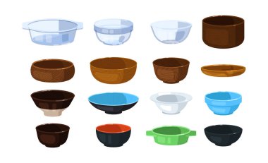 Cam, plastik, ahşap ve seramik kâse beyaza izole edilmiş.