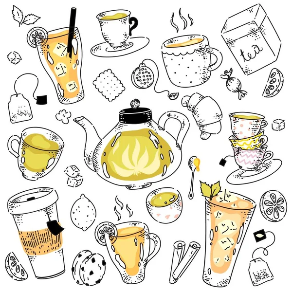 Hand drawing doodle tea sketch background on white