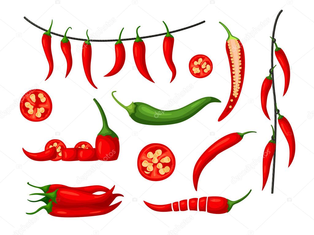 Red hot chili pepper set isolated on white background