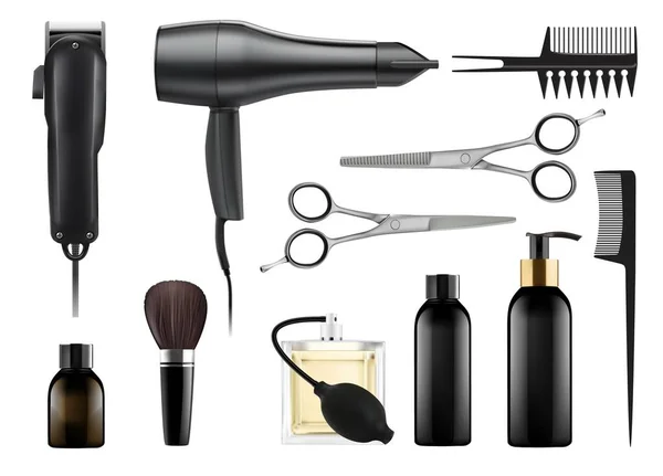 Barbeiro realista e cabeleireiro conjunto de ferramentas profissionais — Vetor de Stock
