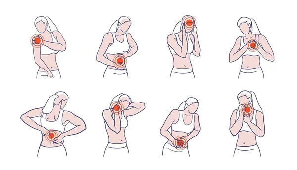 Hembra tocando doloroso cuerpo parte área aislada conjunto — Archivo Imágenes Vectoriales