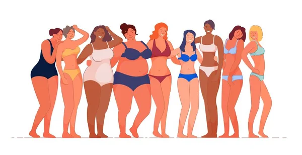 Femme multiraciale diversifiée embrassant le corps naturel — Image vectorielle