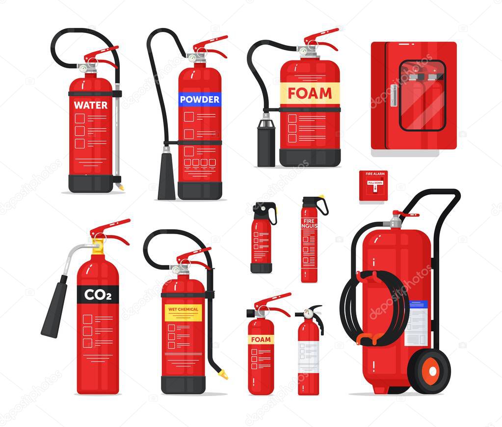 Fire extinguisher firefighter equipment isolated set