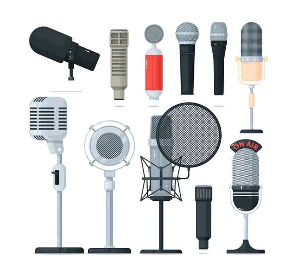 Audio and radio microphone, voice recorder equipment set — Stock Vector