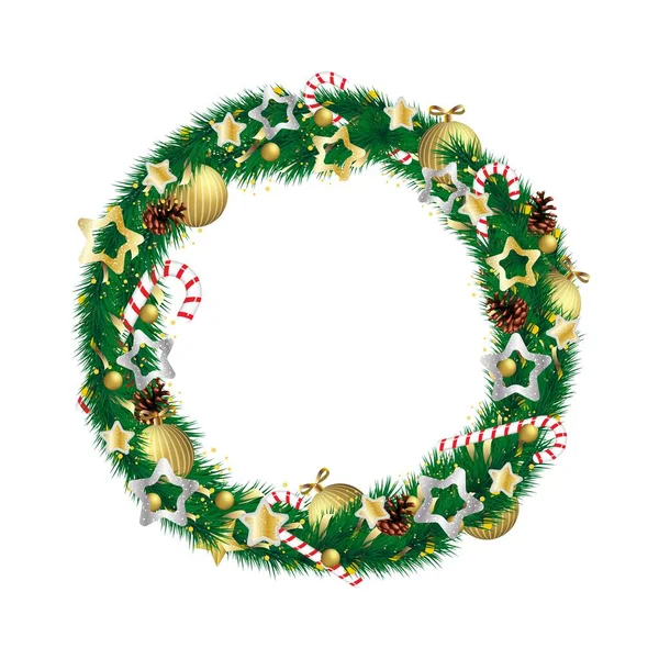 Décoration de couronne de Noël avec boule et canne à bonbons — Image vectorielle