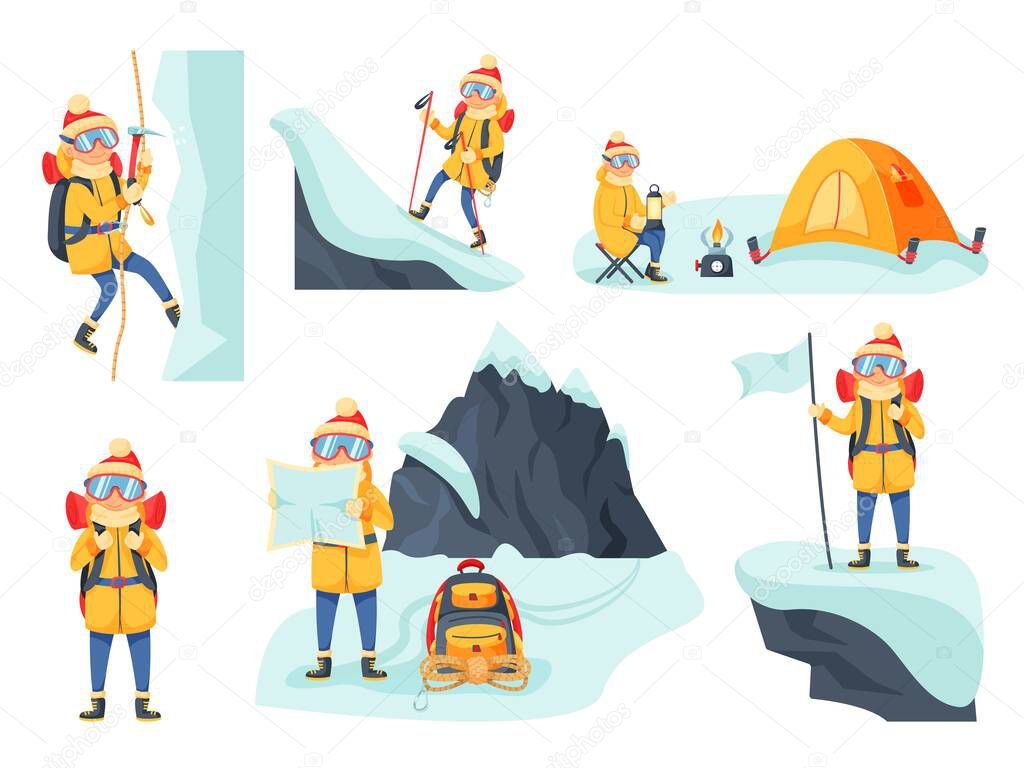 Mountain climber trekking or hiking in winter set