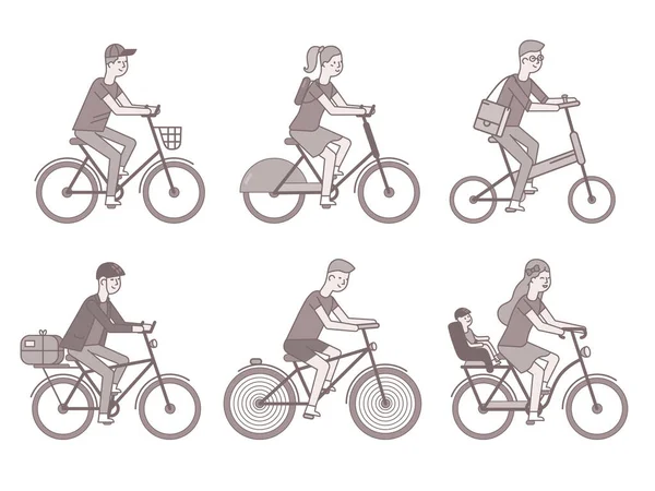 Kerékpárosok beállítva. Bicikliző férfiak és nők — Stock Vector