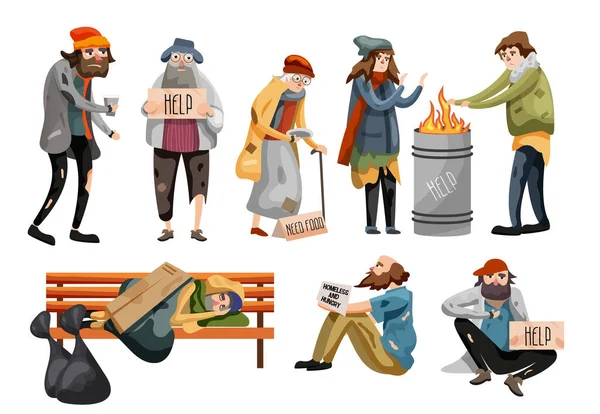 Hajléktalanok rajzfilm. Munkanélküliek — Stock Vector