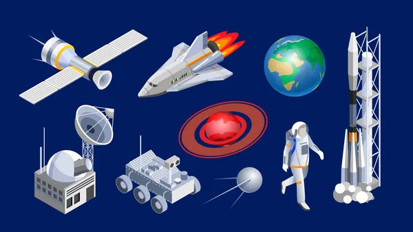 Изометрические космические корабли. Космический челнок, космическая ракета — стоковый вектор