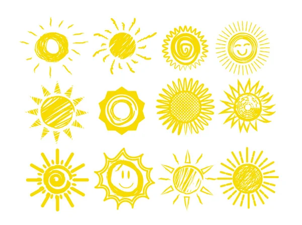 Dibuja los iconos del sol. Divertidos garabatos del sol — Vector de stock